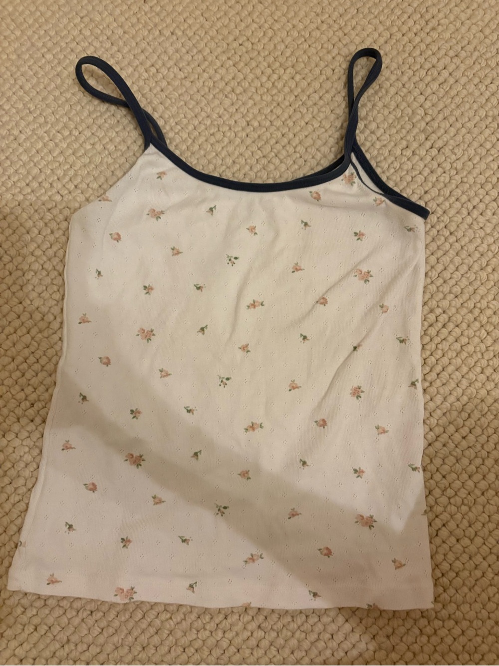 Brandy Melville White Floral Eyelet Cami with Navy Trim